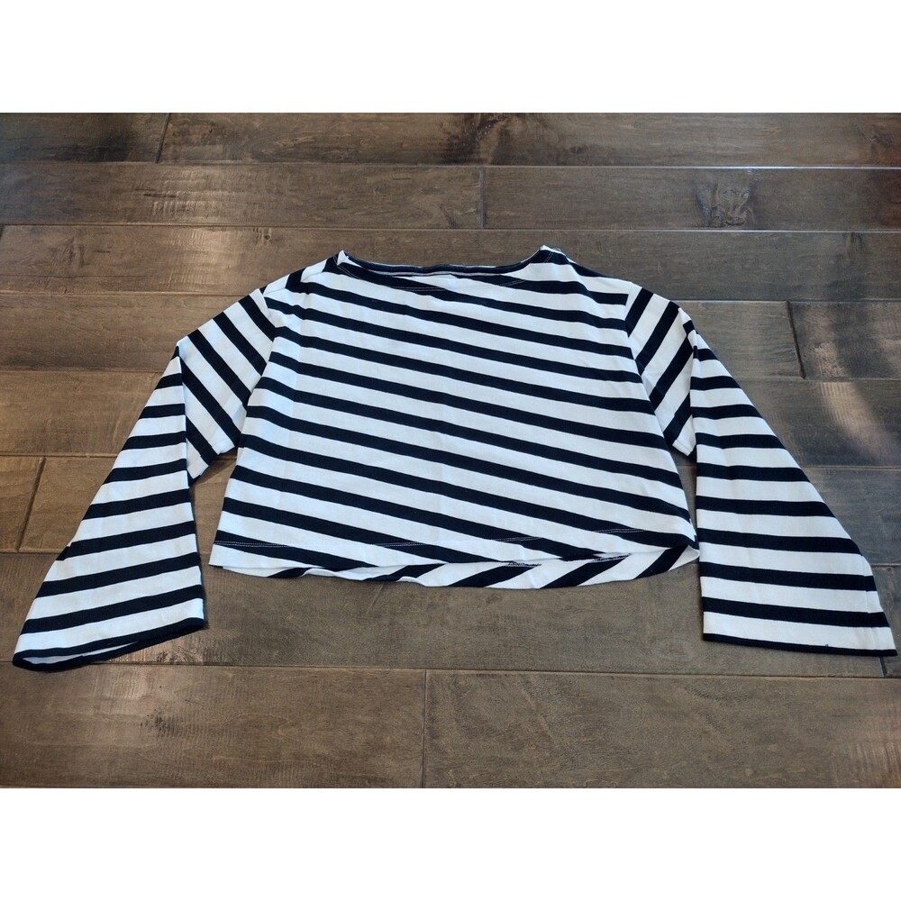 MAEVE ANTHROPOLOGIE white black striped long-sleeve bell Crop Top - L